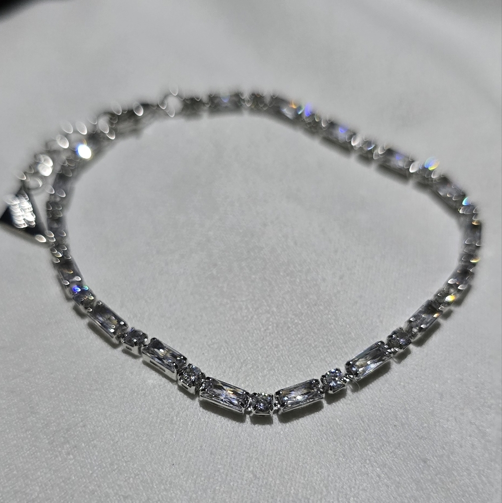 Crystal Baguette and Round Stone Bracelet - Silver Tone